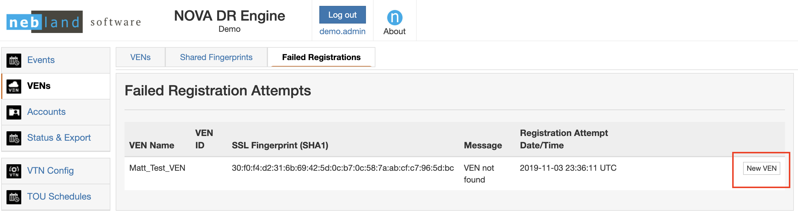 Failed Registration Screenshot